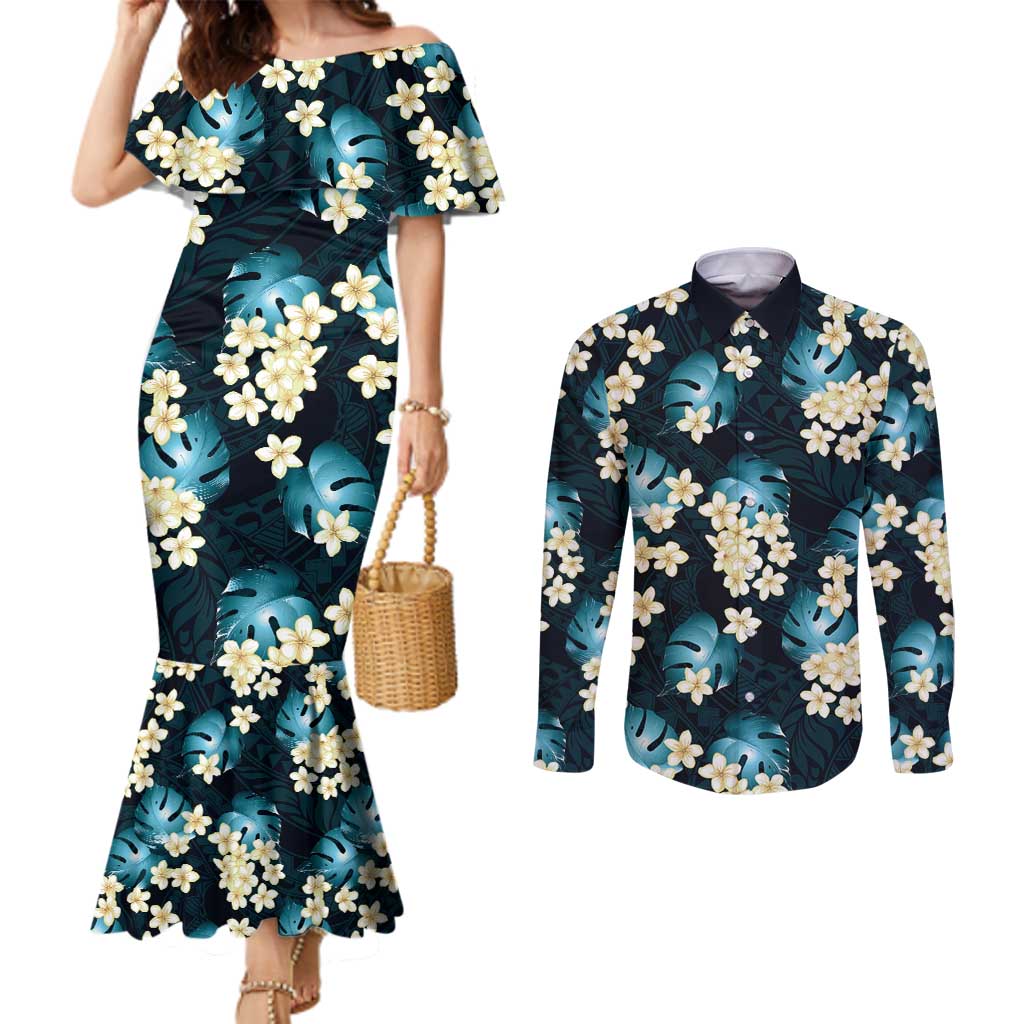 Dark Cyan Tropical Hawaii Couples Matching Mermaid Dress and Long Sleeve Button Shirt Seamless Monstera Plumeria Hawaiian Pattern - Polynesian Pride