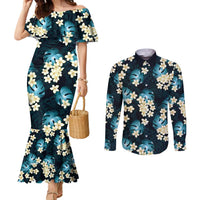 Dark Cyan Tropical Hawaii Couples Matching Mermaid Dress and Long Sleeve Button Shirt Seamless Monstera Plumeria Hawaiian Pattern - Polynesian Pride