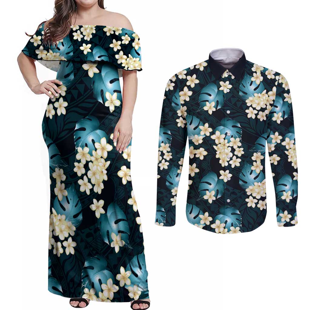 Dark Cyan Tropical Hawaii Couples Matching Off Shoulder Maxi Dress and Long Sleeve Button Shirt Seamless Monstera Plumeria Hawaiian Pattern - Polynesian Pride