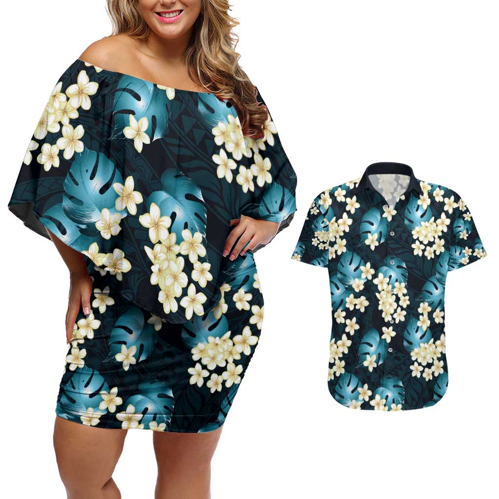 Dark Cyan Tropical Hawaii Couples Matching Off Shoulder Short Dress and Hawaiian Shirt Seamless Monstera Plumeria Hawaiian Pattern - Polynesian Pride