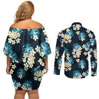 Dark Cyan Tropical Hawaii Couples Matching Off Shoulder Short Dress and Long Sleeve Button Shirt Seamless Monstera Plumeria Hawaiian Pattern - Polynesian Pride