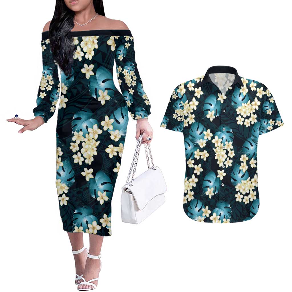 Dark Cyan Tropical Hawaii Couples Matching Off The Shoulder Long Sleeve Dress and Hawaiian Shirt Seamless Monstera Plumeria Hawaiian Pattern - Polynesian Pride