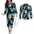 Dark Cyan Tropical Hawaii Couples Matching Off The Shoulder Long Sleeve Dress and Long Sleeve Button Shirt Seamless Monstera Plumeria Hawaiian Pattern - Polynesian Pride