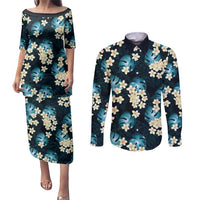 Dark Cyan Tropical Hawaii Couples Matching Puletasi and Long Sleeve Button Shirt Seamless Monstera Plumeria Hawaiian Pattern LT14 Dark Cyan - Polynesian Pride