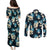 Dark Cyan Tropical Hawaii Couples Matching Puletasi and Long Sleeve Button Shirt Seamless Monstera Plumeria Hawaiian Pattern - Polynesian Pride