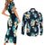 Dark Cyan Tropical Hawaii Couples Matching Short Sleeve Bodycon Dress and Long Sleeve Button Shirt Seamless Monstera Plumeria Hawaiian Pattern - Polynesian Pride