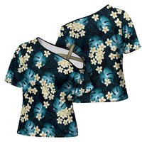 Dark Cyan Tropical Hawaii Cross Shoulder Shirt Seamless Monstera Plumeria Hawaiian Pattern LT14 - Polynesian Pride