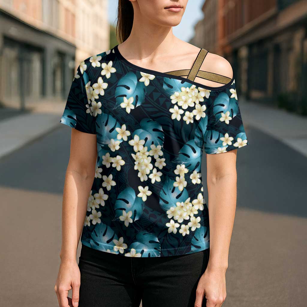 Dark Cyan Tropical Hawaii Cross Shoulder Shirt Seamless Monstera Plumeria Hawaiian Pattern LT14 - Polynesian Pride