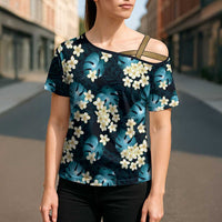 Dark Cyan Tropical Hawaii Cross Shoulder Shirt Seamless Monstera Plumeria Hawaiian Pattern LT14 - Polynesian Pride