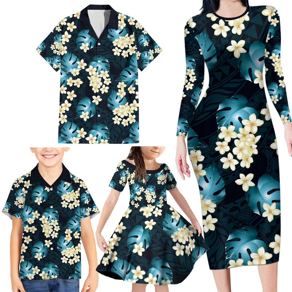 Dark Cyan Tropical Hawaii Family Matching Long Sleeve Bodycon Dress and Hawaiian Shirt Seamless Monstera Plumeria Hawaiian Pattern - Polynesian Pride