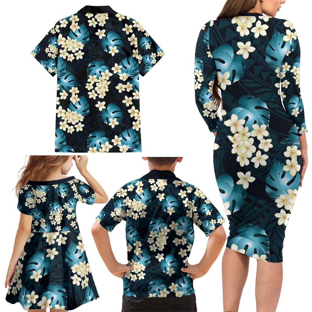 Dark Cyan Tropical Hawaii Family Matching Long Sleeve Bodycon Dress and Hawaiian Shirt Seamless Monstera Plumeria Hawaiian Pattern - Polynesian Pride