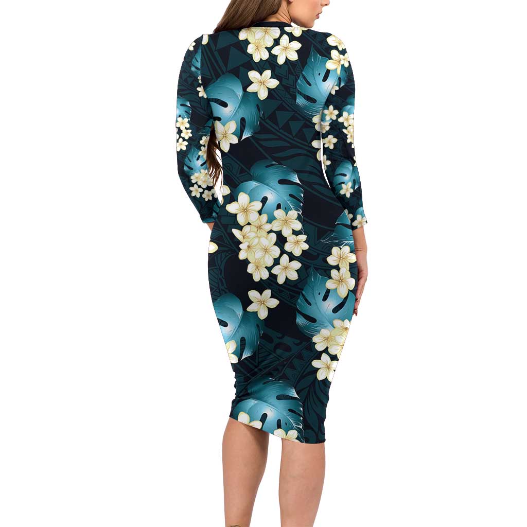 Dark Cyan Tropical Hawaii Family Matching Long Sleeve Bodycon Dress and Hawaiian Shirt Seamless Monstera Plumeria Hawaiian Pattern - Polynesian Pride