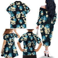 Dark Cyan Tropical Hawaii Family Matching Off The Shoulder Long Sleeve Dress and Hawaiian Shirt Seamless Monstera Plumeria Hawaiian Pattern - Polynesian Pride