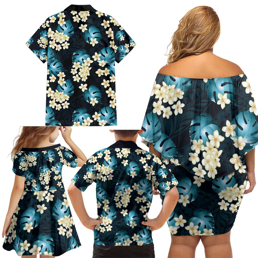 Dark Cyan Tropical Hawaii Family Matching Off Shoulder Short Dress and Hawaiian Shirt Seamless Monstera Plumeria Hawaiian Pattern - Polynesian Pride