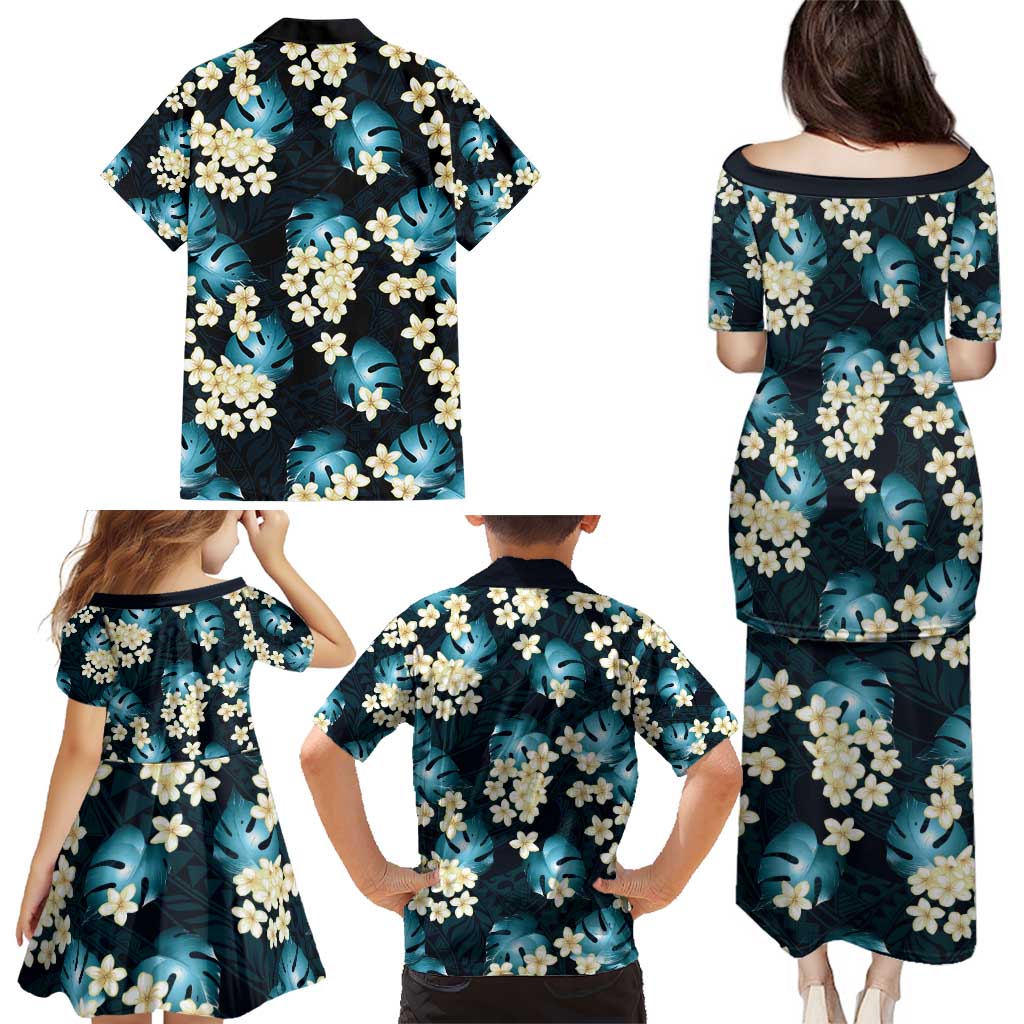 Dark Cyan Tropical Hawaii Family Matching Puletasi and Hawaiian Shirt Seamless Monstera Plumeria Hawaiian Pattern - Polynesian Pride