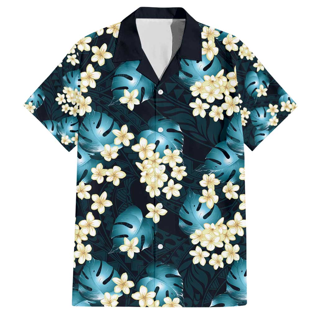 Dark Cyan Tropical Hawaii Family Matching Short Sleeve Bodycon Dress and Hawaiian Shirt Seamless Monstera Plumeria Hawaiian Pattern - Polynesian Pride