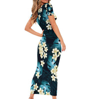 Dark Cyan Tropical Hawaii Family Matching Short Sleeve Bodycon Dress and Hawaiian Shirt Seamless Monstera Plumeria Hawaiian Pattern - Polynesian Pride