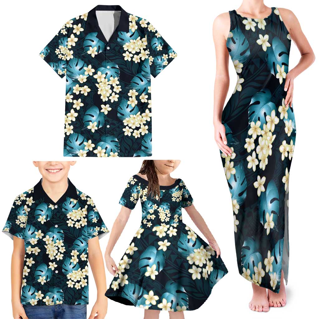 Dark Cyan Tropical Hawaii Family Matching Tank Maxi Dress and Hawaiian Shirt Seamless Monstera Plumeria Hawaiian Pattern - Polynesian Pride