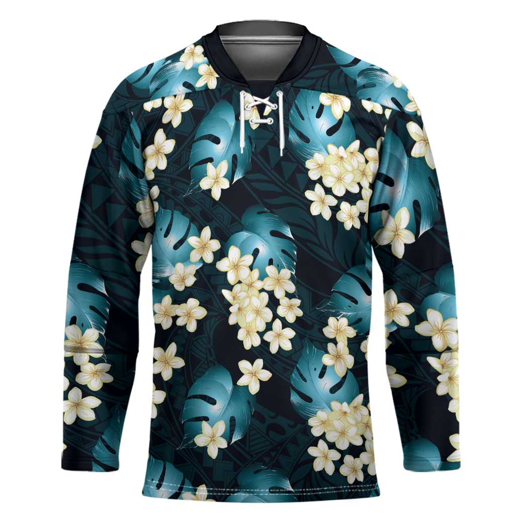 Dark Cyan Tropical Hawaii Hockey Jersey Seamless Monstera Plumeria Hawaiian Pattern LT14 Unisex Dark Cyan - Polynesian Pride