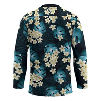 Dark Cyan Tropical Hawaii Hockey Jersey Seamless Monstera Plumeria Hawaiian Pattern LT14 - Polynesian Pride