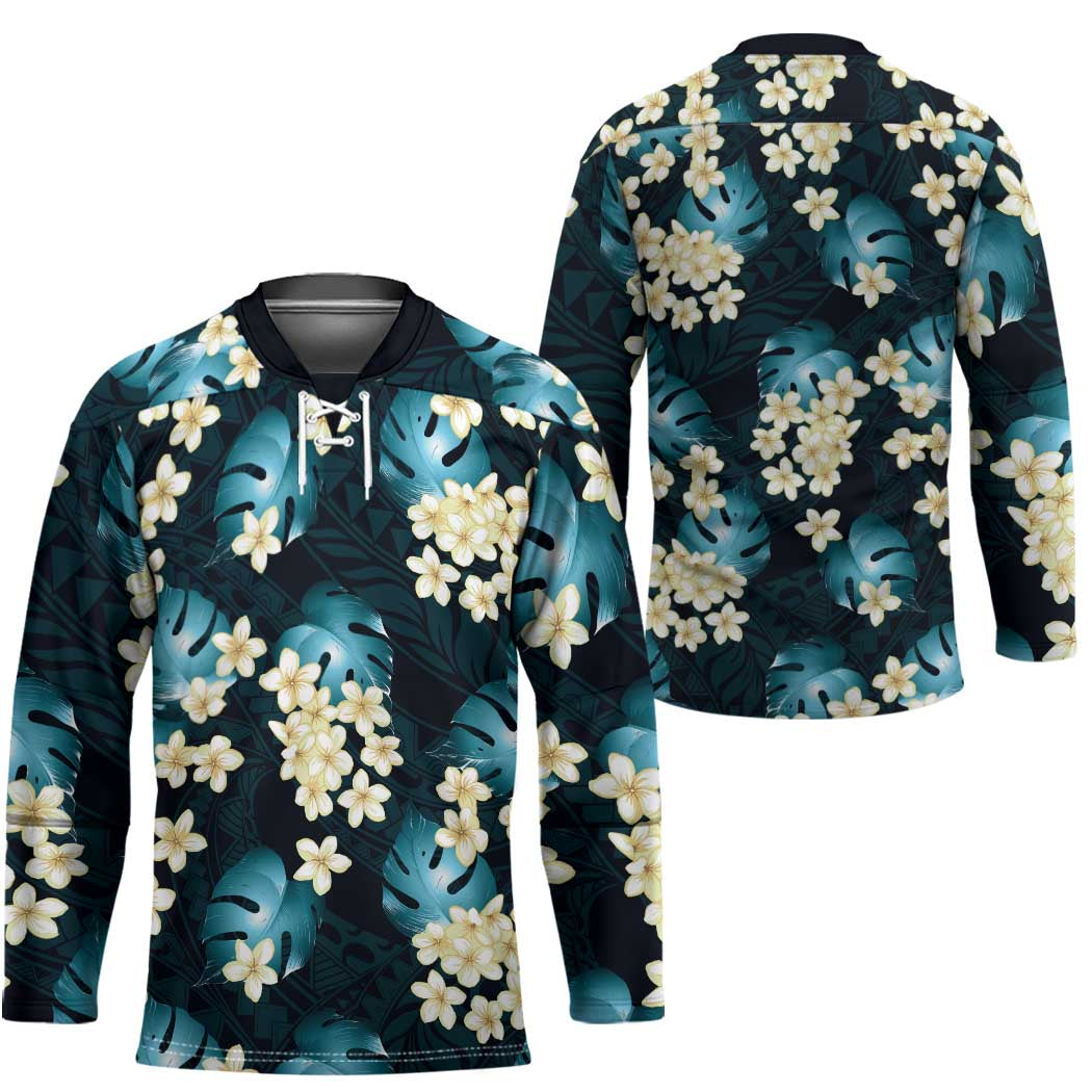 Dark Cyan Tropical Hawaii Hockey Jersey Seamless Monstera Plumeria Hawaiian Pattern LT14 - Polynesian Pride