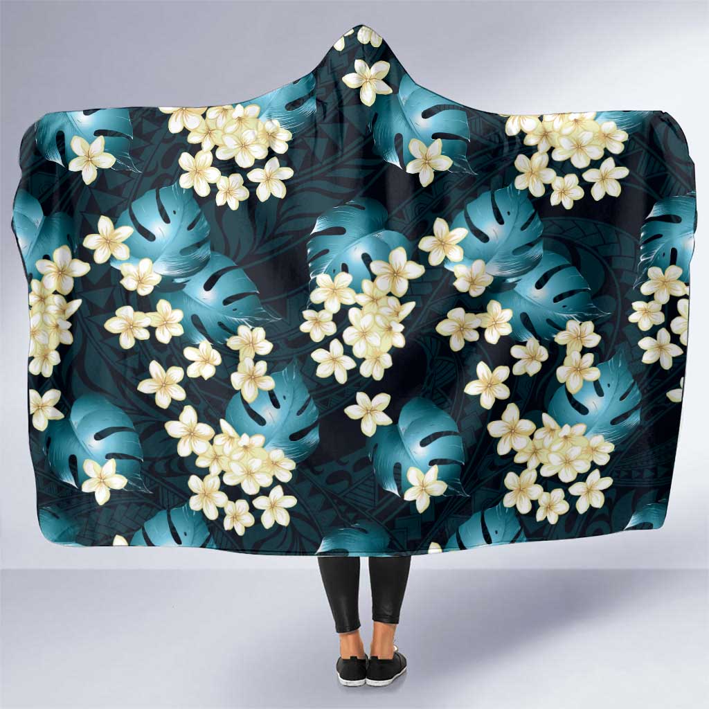 Dark Cyan Tropical Hawaii Hooded Blanket Seamless Monstera Plumeria Hawaiian Pattern - Polynesian Pride