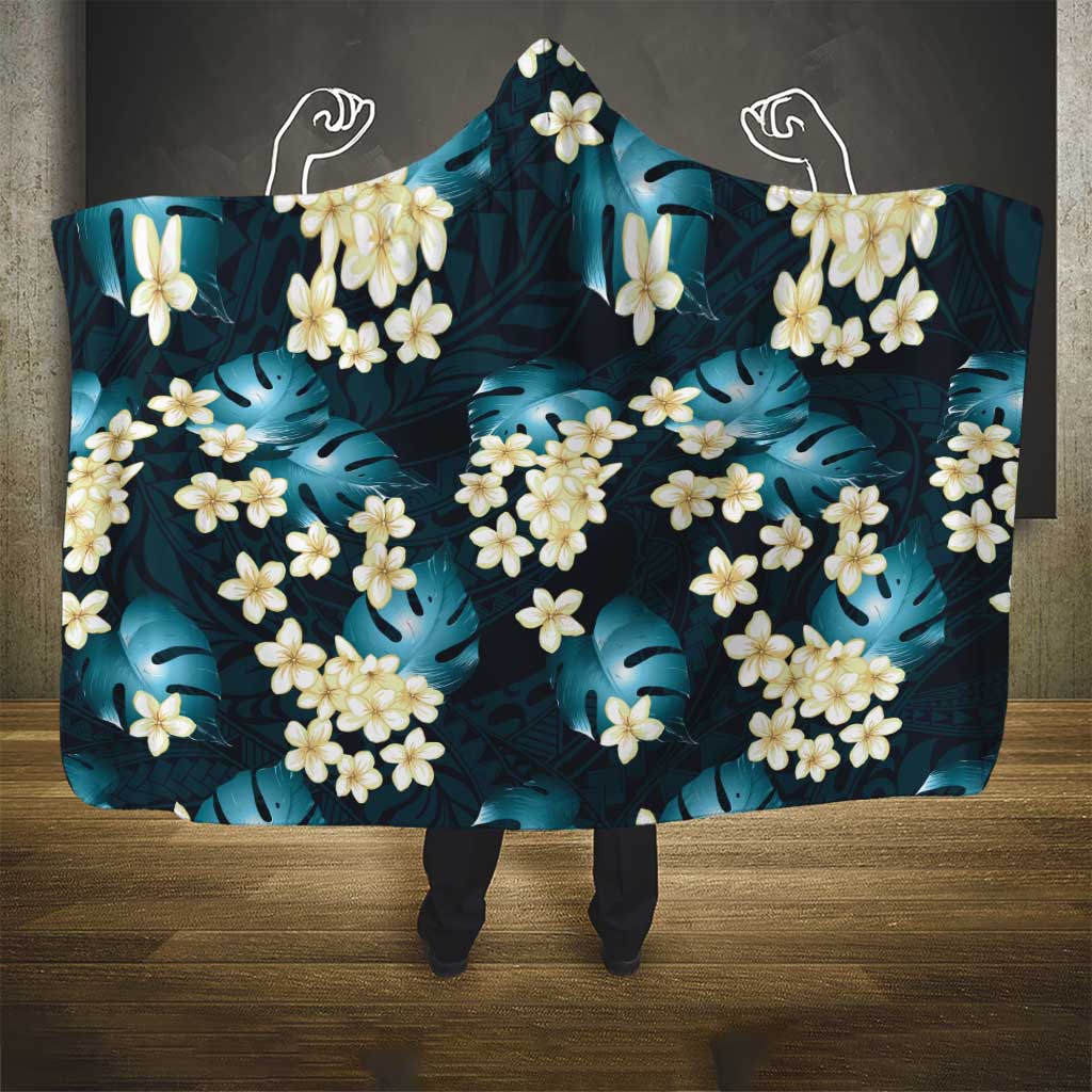 Dark Cyan Tropical Hawaii Hooded Blanket Seamless Monstera Plumeria Hawaiian Pattern - Polynesian Pride