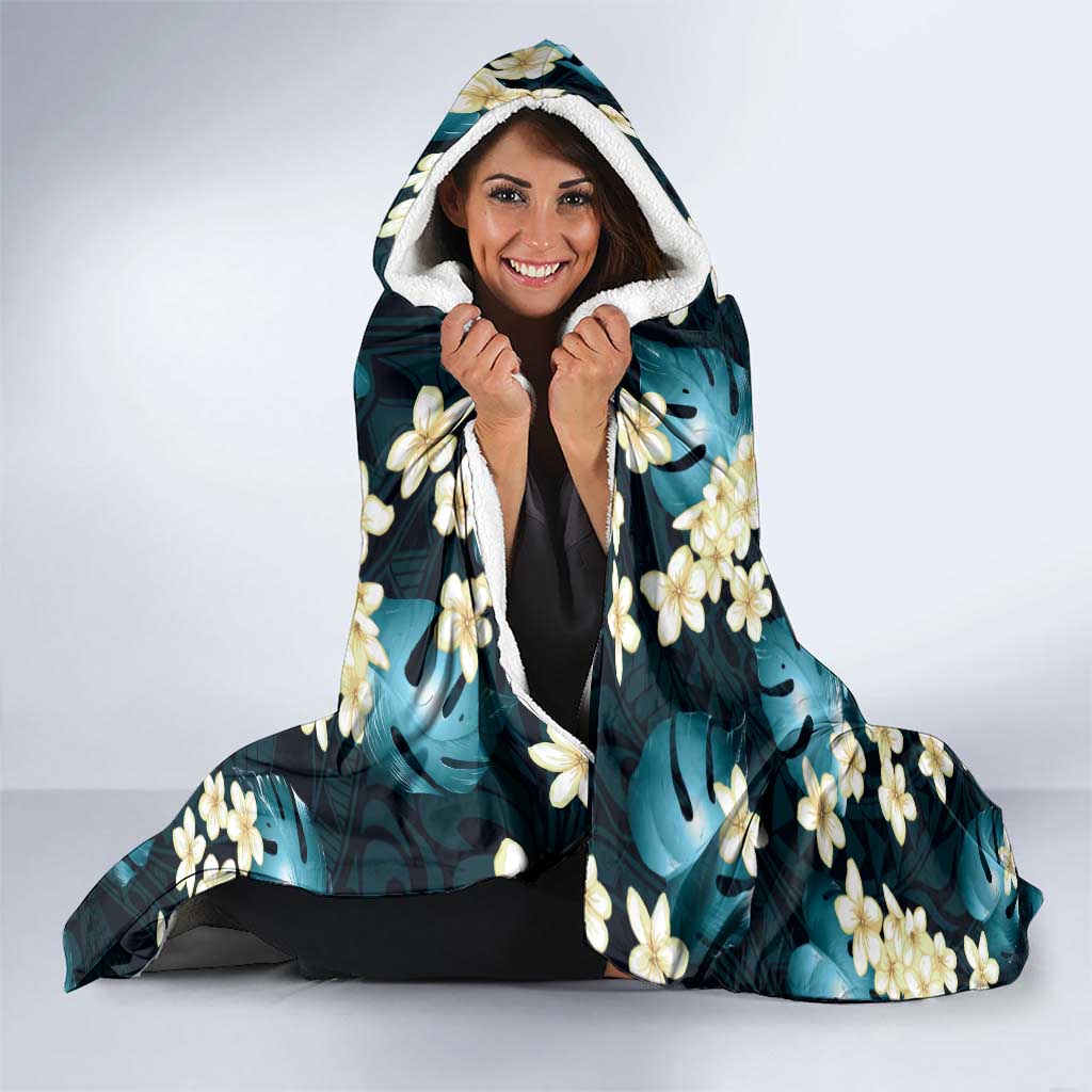 Dark Cyan Tropical Hawaii Hooded Blanket Seamless Monstera Plumeria Hawaiian Pattern - Polynesian Pride