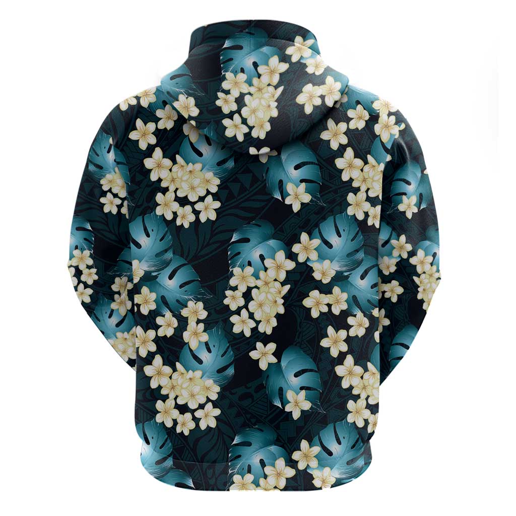 Dark Cyan Tropical Hawaii Hoodie Seamless Monstera Plumeria Hawaiian Pattern - Polynesian Pride