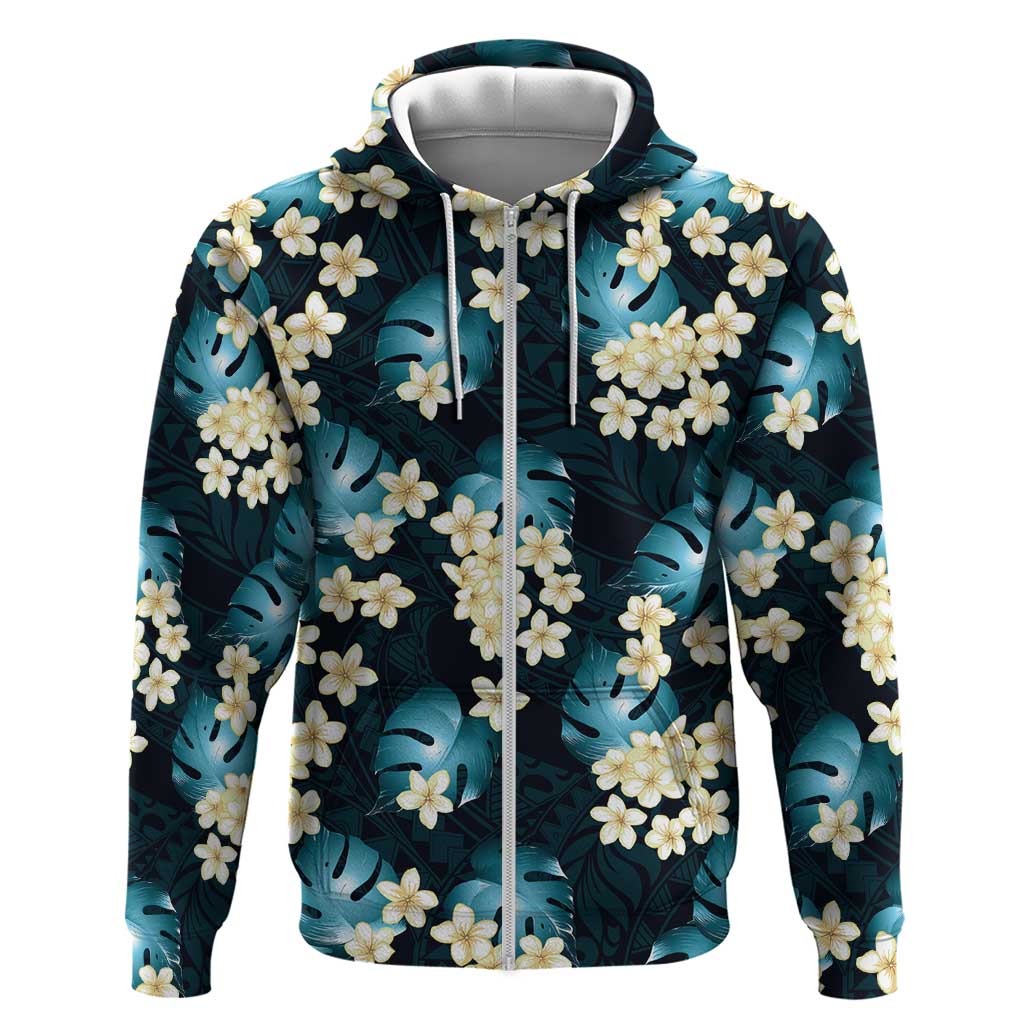 Dark Cyan Tropical Hawaii Hoodie Seamless Monstera Plumeria Hawaiian Pattern - Polynesian Pride