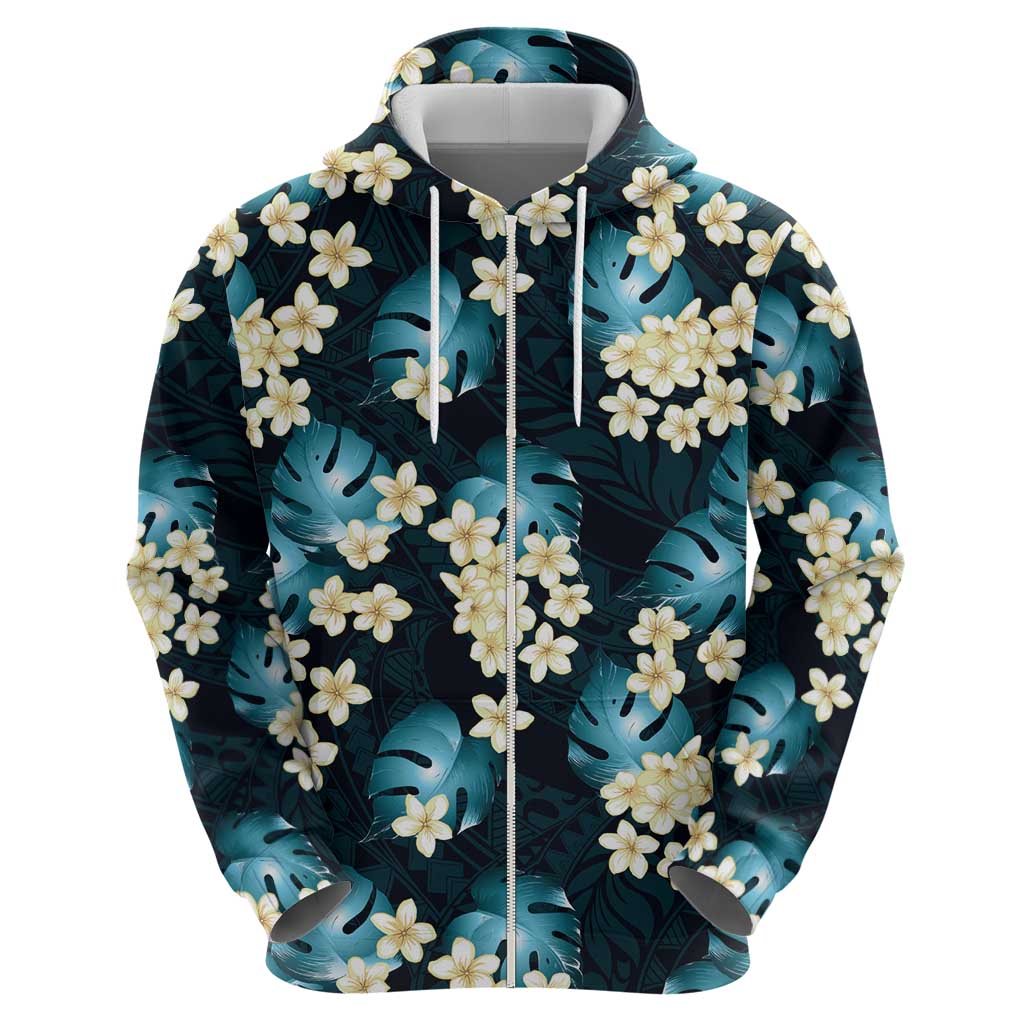 Dark Cyan Tropical Hawaii Hoodie Seamless Monstera Plumeria Hawaiian Pattern - Polynesian Pride
