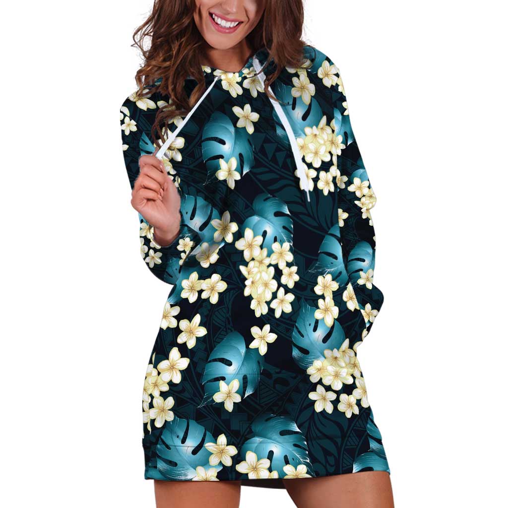 Dark Cyan Tropical Hawaii Hoodie Dress Seamless Monstera Plumeria Hawaiian Pattern - Polynesian Pride