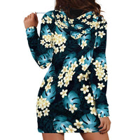 Dark Cyan Tropical Hawaii Hoodie Dress Seamless Monstera Plumeria Hawaiian Pattern - Polynesian Pride