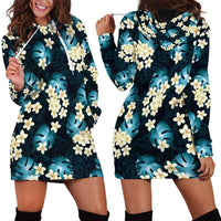 Dark Cyan Tropical Hawaii Hoodie Dress Seamless Monstera Plumeria Hawaiian Pattern - Polynesian Pride