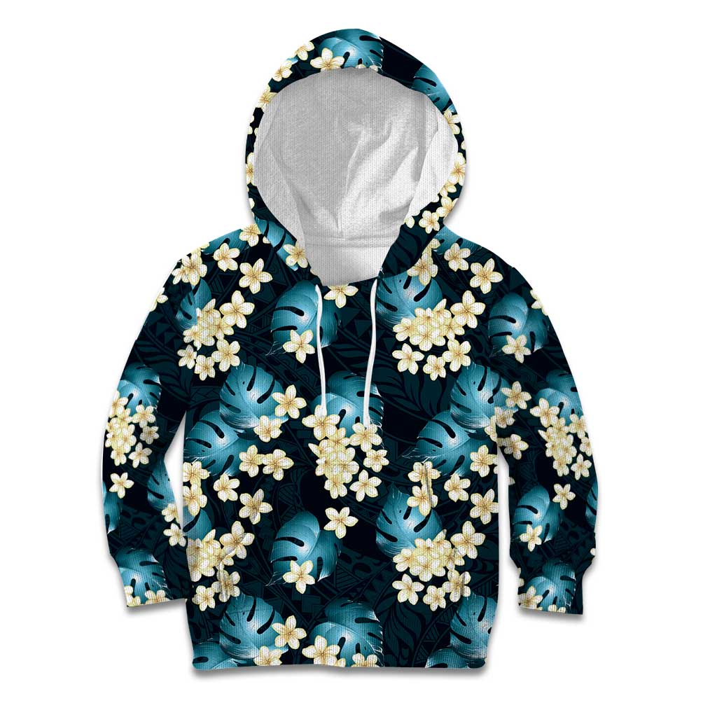 Dark Cyan Tropical Hawaii Kid Hoodie Seamless Monstera Plumeria Hawaiian Pattern - Polynesian Pride