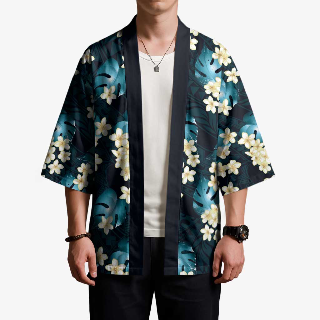 Dark Cyan Tropical Hawaii Kimono Seamless Monstera Plumeria Hawaiian Pattern - Polynesian Pride
