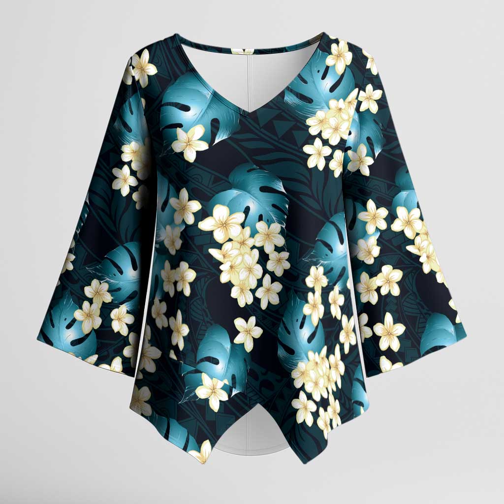 Dark Cyan Tropical Hawaii Kimono Sleeve Blouse Seamless Monstera Plumeria Hawaiian Pattern LT14 Female Dark Cyan - Polynesian Pride