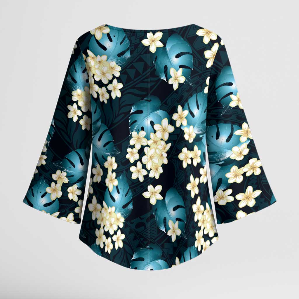 Dark Cyan Tropical Hawaii Kimono Sleeve Blouse Seamless Monstera Plumeria Hawaiian Pattern LT14 - Polynesian Pride