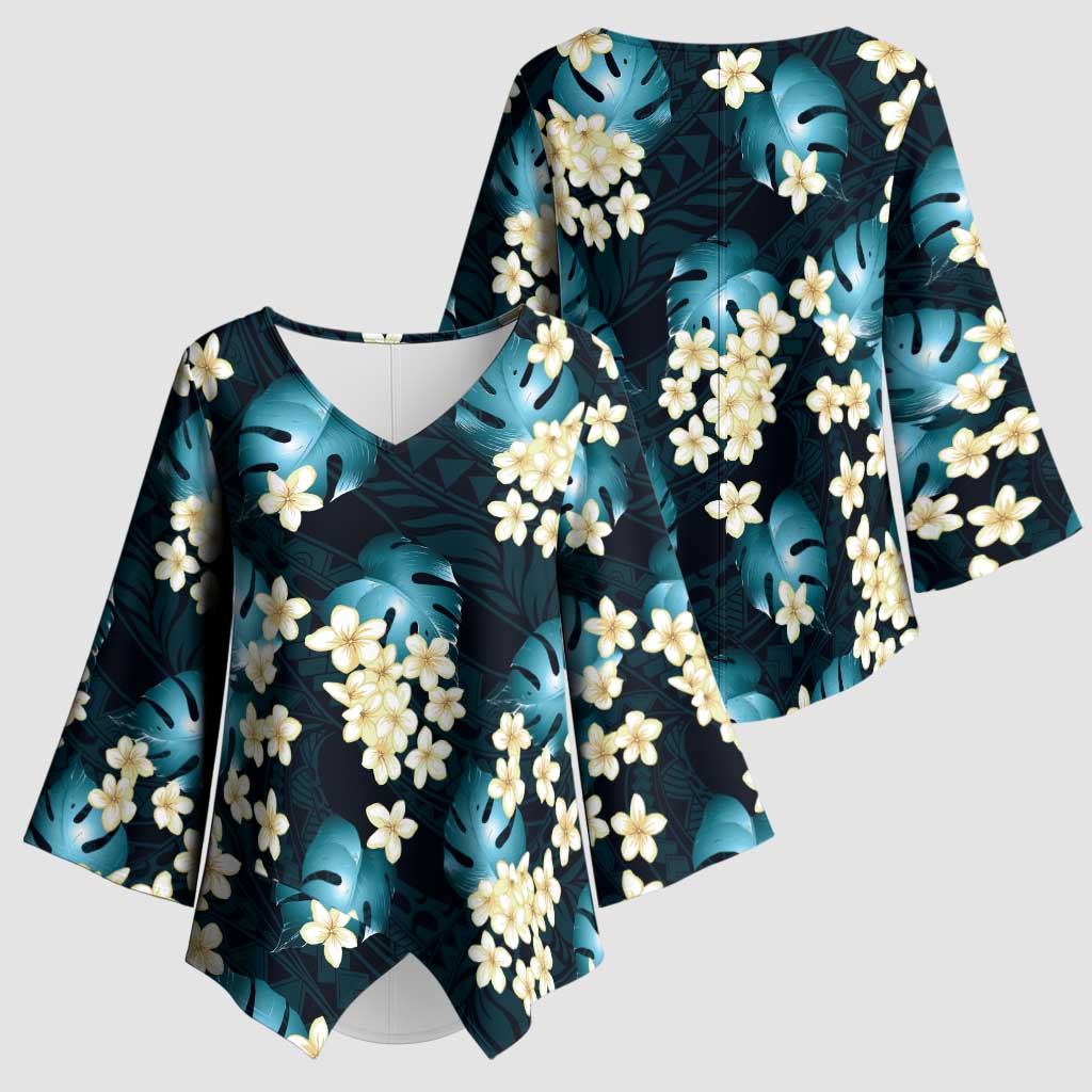Dark Cyan Tropical Hawaii Kimono Sleeve Blouse Seamless Monstera Plumeria Hawaiian Pattern LT14 - Polynesian Pride