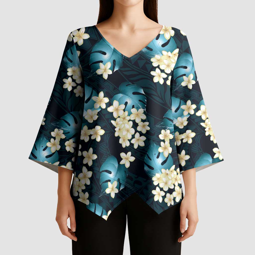 Dark Cyan Tropical Hawaii Kimono Sleeve Blouse Seamless Monstera Plumeria Hawaiian Pattern LT14 - Polynesian Pride