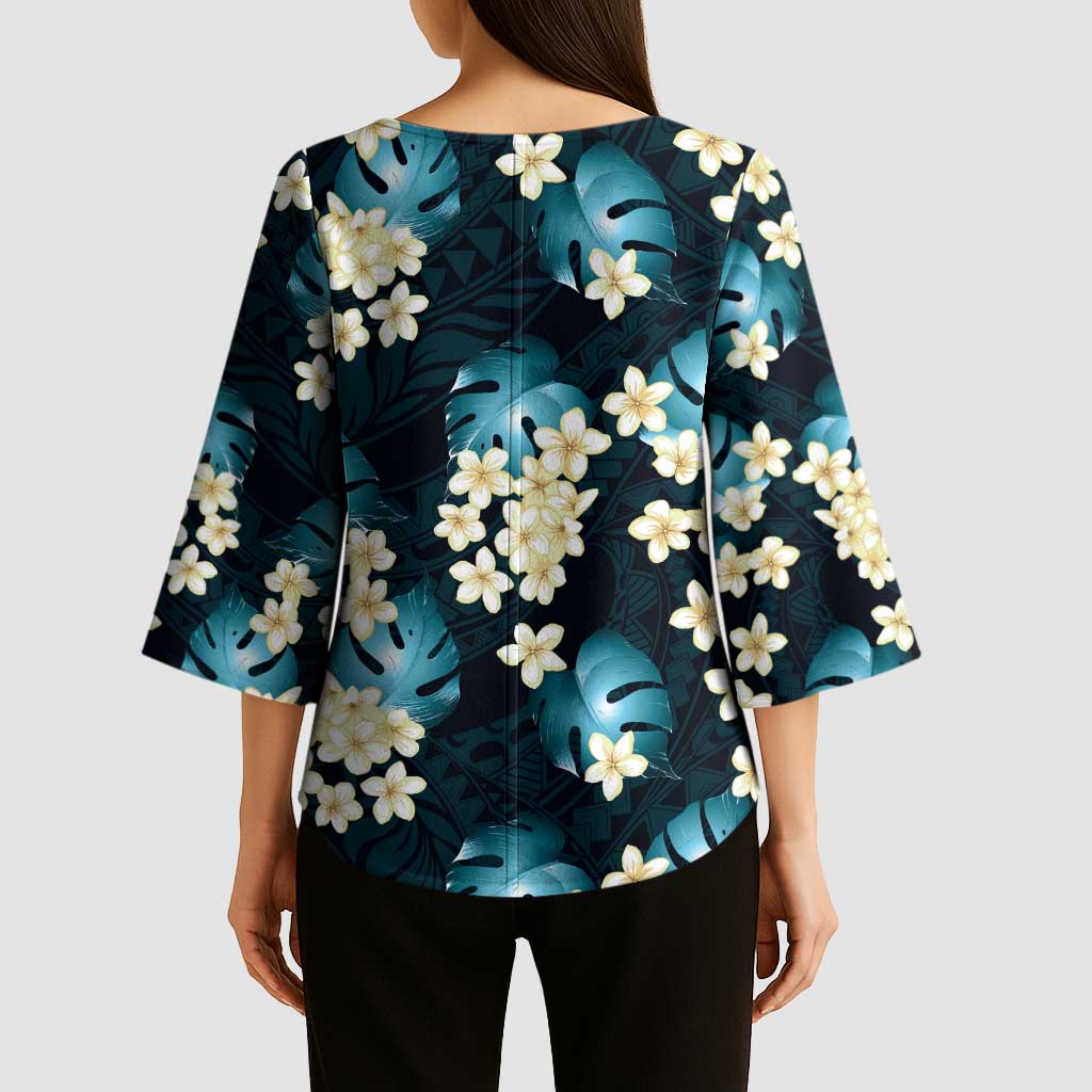 Dark Cyan Tropical Hawaii Kimono Sleeve Blouse Seamless Monstera Plumeria Hawaiian Pattern LT14 - Polynesian Pride