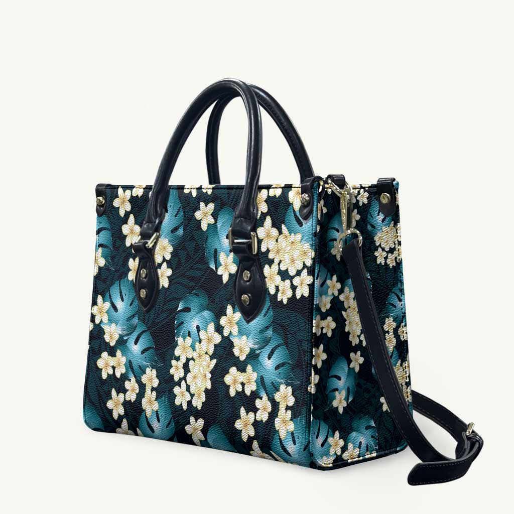 Dark Cyan Tropical Hawaii Leather Bag Seamless Monstera Plumeria Hawaiian Pattern - Polynesian Pride
