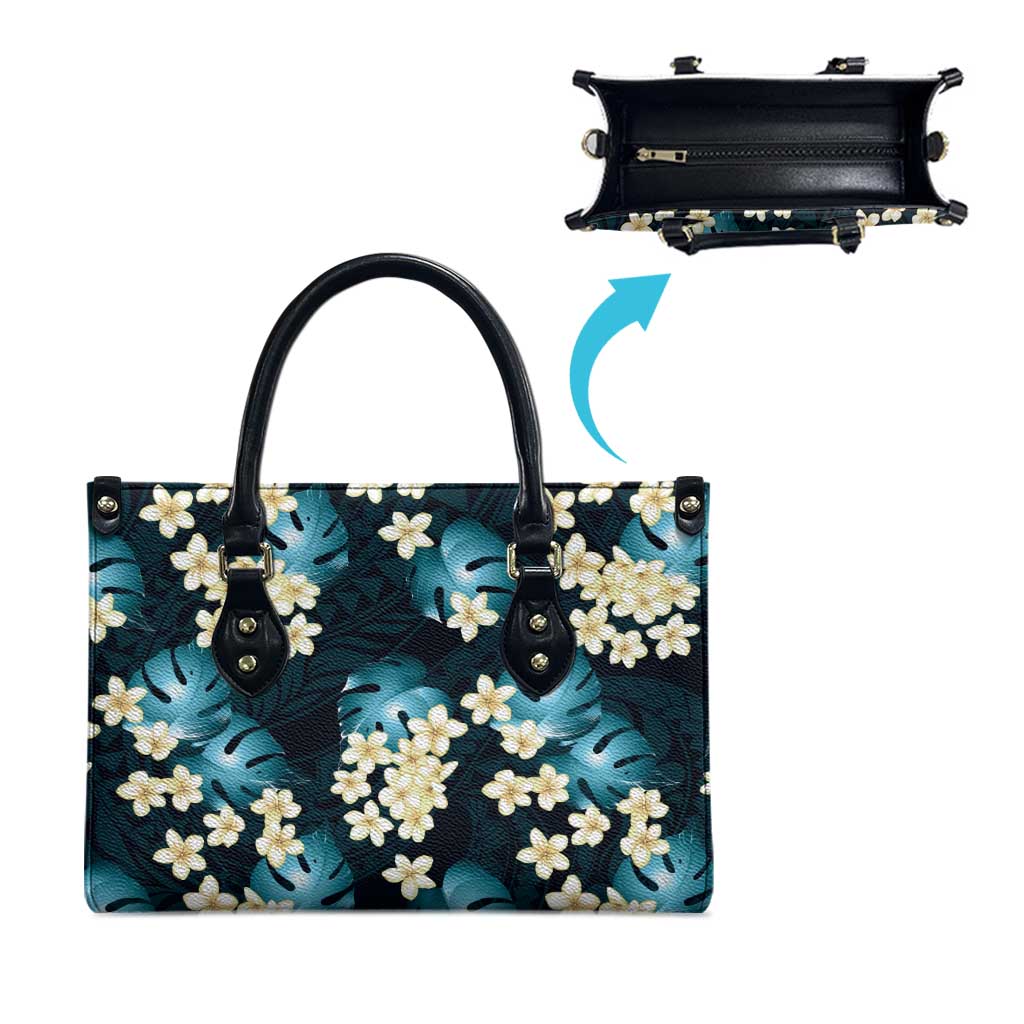 Dark Cyan Tropical Hawaii Leather Bag Seamless Monstera Plumeria Hawaiian Pattern - Polynesian Pride
