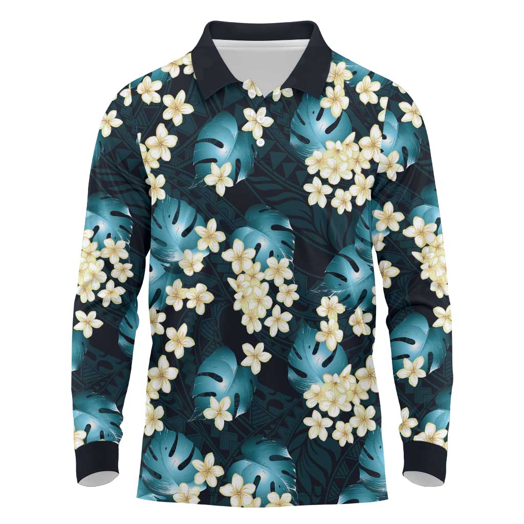 Dark Cyan Tropical Hawaii Long Sleeve Polo Shirt Seamless Monstera Plumeria Hawaiian Pattern LT14 Dark Cyan - Polynesian Pride
