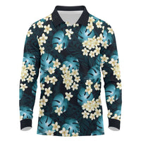Dark Cyan Tropical Hawaii Long Sleeve Polo Shirt Seamless Monstera Plumeria Hawaiian Pattern LT14 Dark Cyan - Polynesian Pride