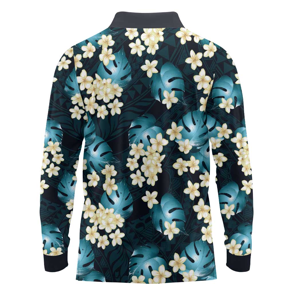 Dark Cyan Tropical Hawaii Long Sleeve Polo Shirt Seamless Monstera Plumeria Hawaiian Pattern LT14 - Polynesian Pride