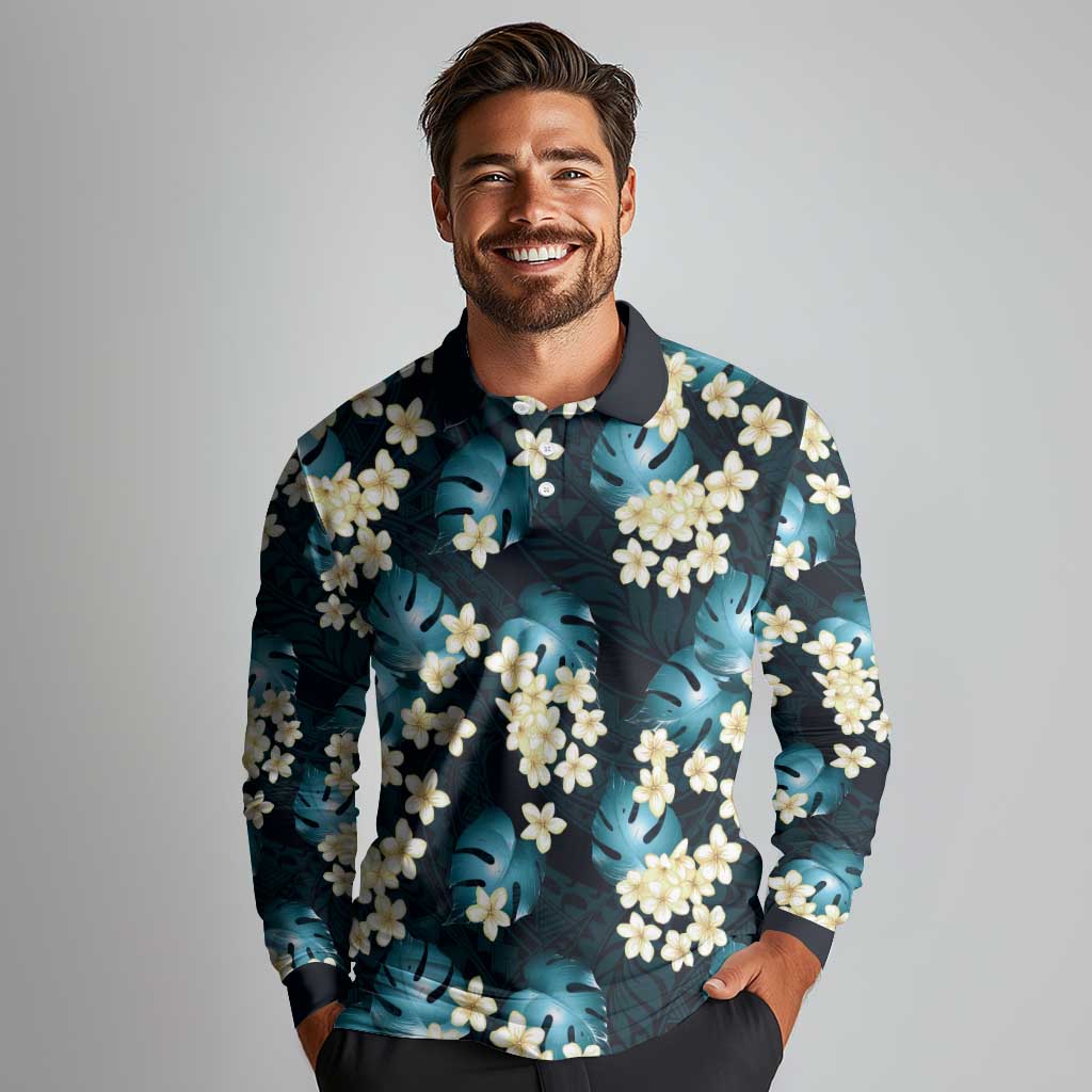 Dark Cyan Tropical Hawaii Long Sleeve Polo Shirt Seamless Monstera Plumeria Hawaiian Pattern LT14 - Polynesian Pride