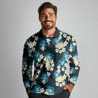 Dark Cyan Tropical Hawaii Long Sleeve Polo Shirt Seamless Monstera Plumeria Hawaiian Pattern LT14 - Polynesian Pride