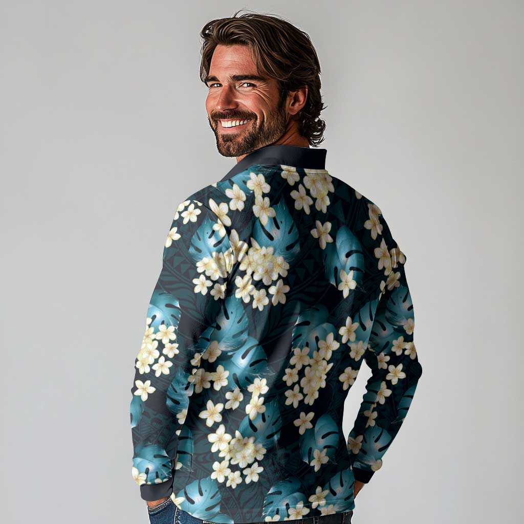 Dark Cyan Tropical Hawaii Long Sleeve Polo Shirt Seamless Monstera Plumeria Hawaiian Pattern LT14 - Polynesian Pride