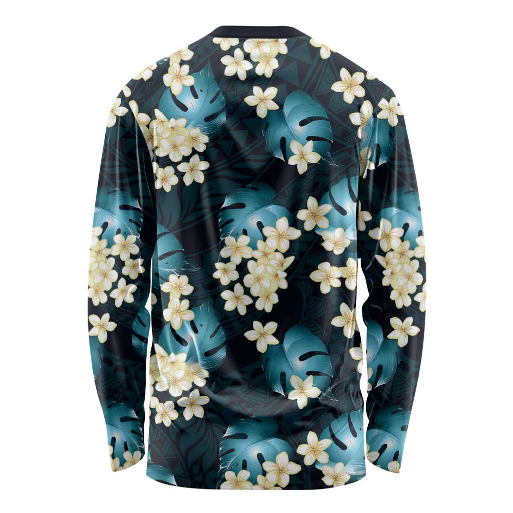 Dark Cyan Tropical Hawaii Long Sleeve Shirt Seamless Monstera Plumeria Hawaiian Pattern LT14 - Polynesian Pride